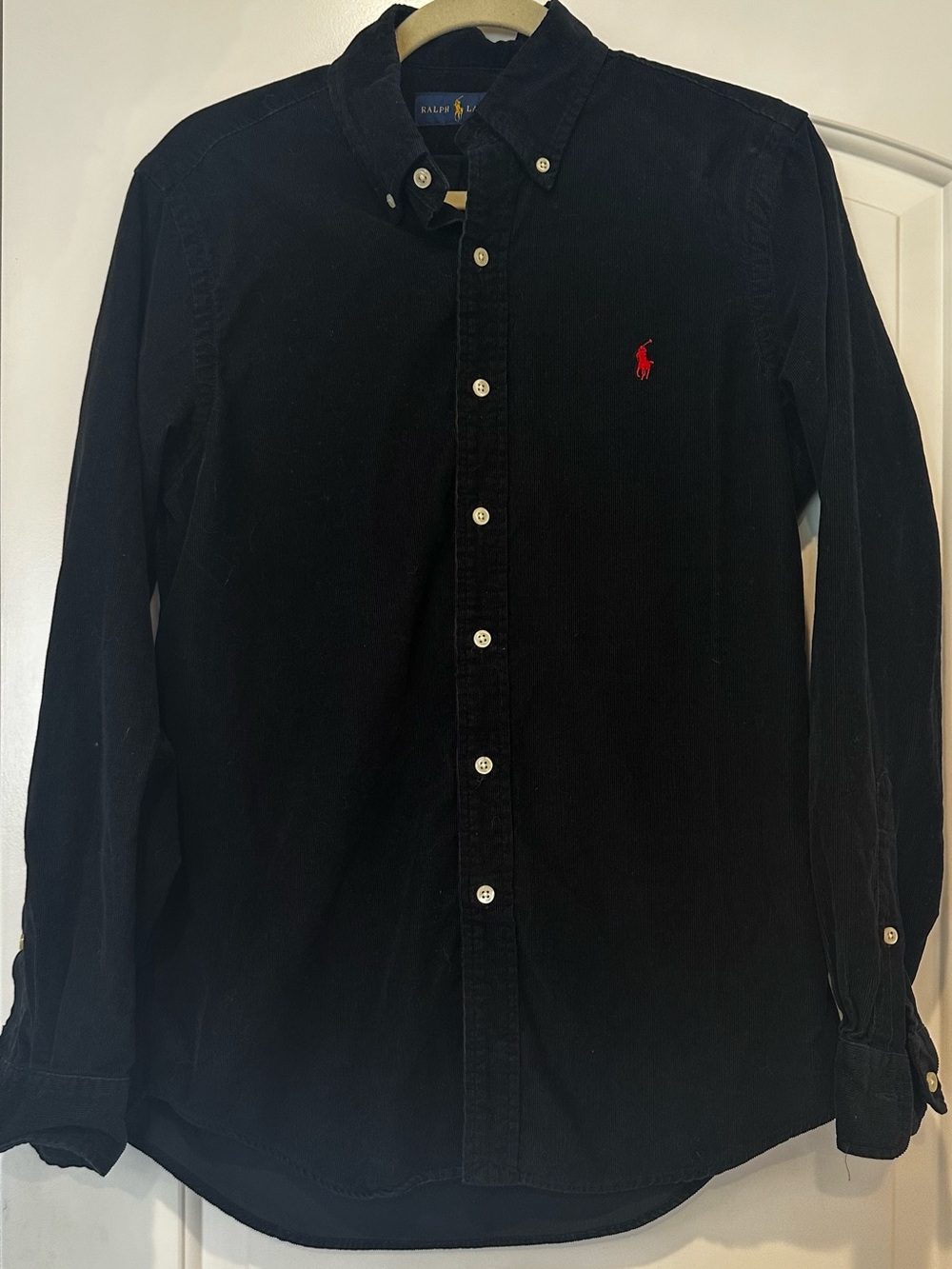 Ralph Lauren Black Corduroy Button-Down Shirt with Red Pony